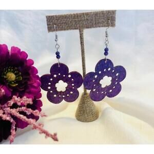Violet Tropical Vibe‎ Hibiscus Wood Earrings Handmade Sparkle Lightweight